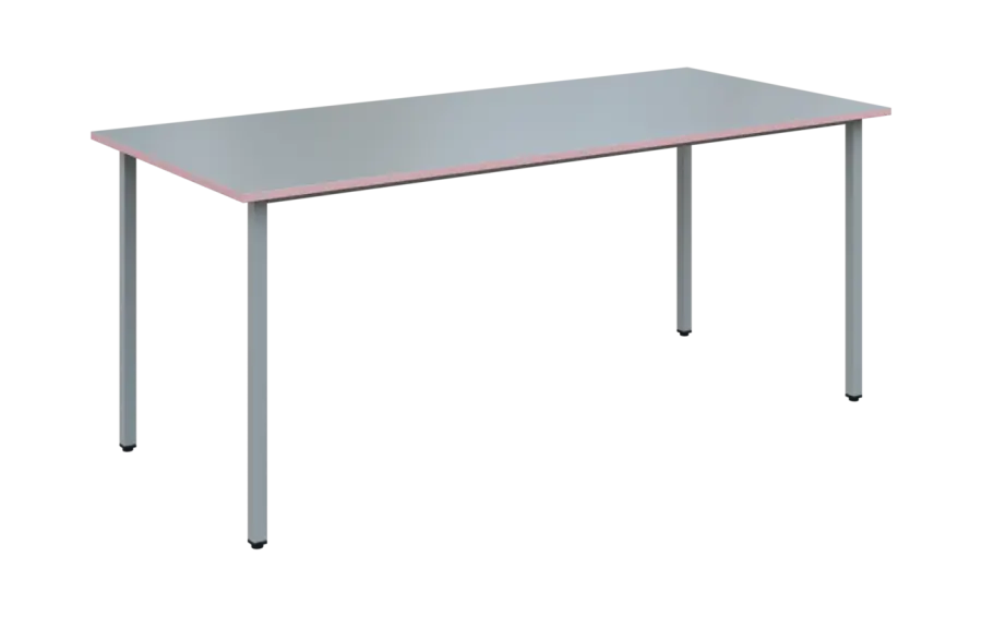 JSB 180N Jídelní stůl 1800 x 800 mm, deska šedá s hranou pastelově růžová / podnož stříbrná